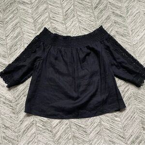 Chicos 100% Linen Off The Shoulder Lace Trim Sleeves Rounded Hem Blouse Top